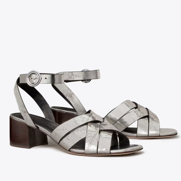 NWT Tory Burch Silver City Heel Ankle Strap All Leather Block Sandals size 11 M - Picture 1 of 13